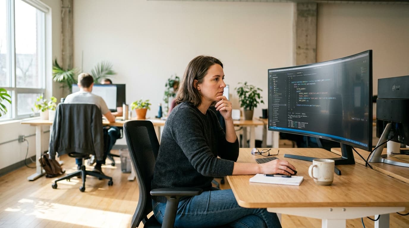 A developer at a desk reviews SQL code on a computer monitor in an office setting.