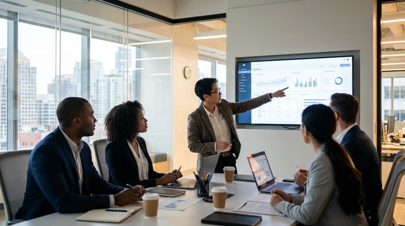 Business strategists in a meeting room analyzing data visualizations on a large screen to inform their brand strategy.