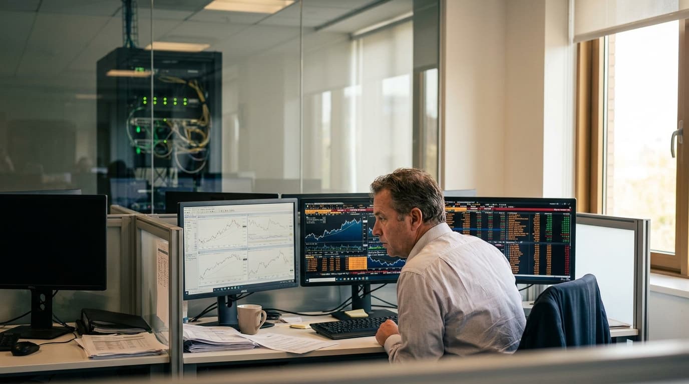 A financial analyst works at a desk with multiple computer monitors showing financial data, with a data center server rack in the background.