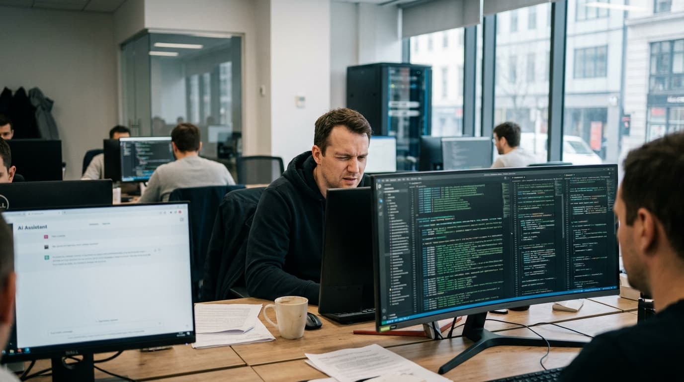 A security professional analyzes code on a computer monitor in an office setting, using an AI tool on an adjacent screen.
