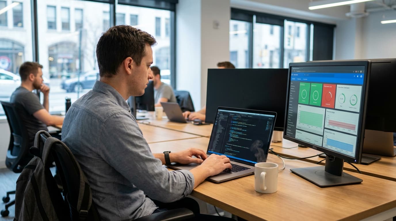 An engineer works on a laptop with code on the screen, with a second monitor displaying a Kubernetes interface in an office setting.
