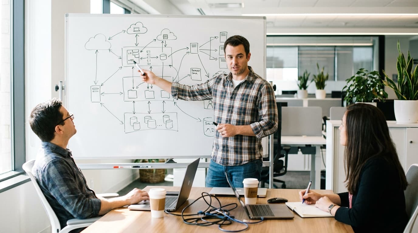 A Spotify engineer explains a complex AI system architecture drawn on a whiteboard to a group of attentive colleagues in an office.