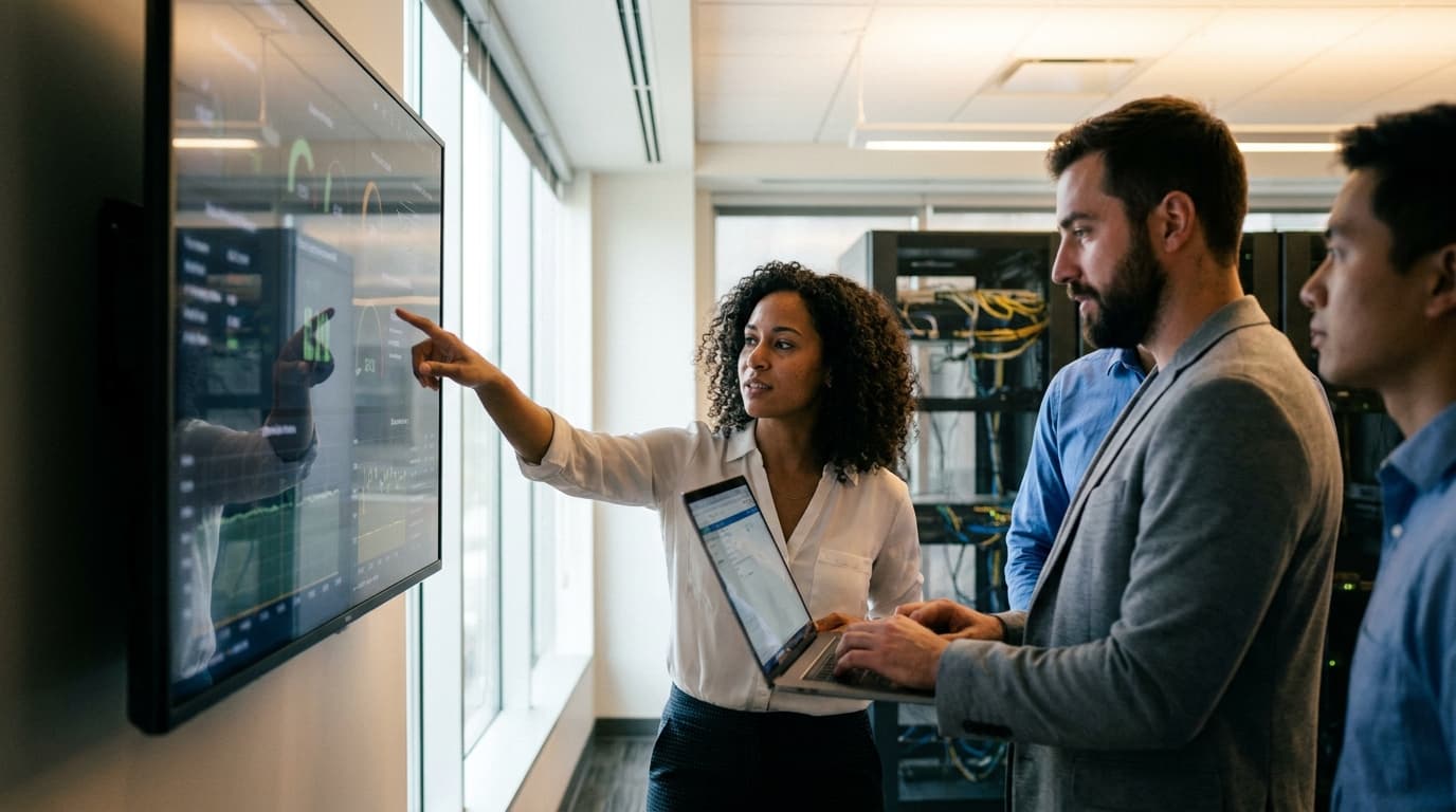 A team of engineers in a control room collaborates on an incident, analyzing system data displayed on a large monitor.