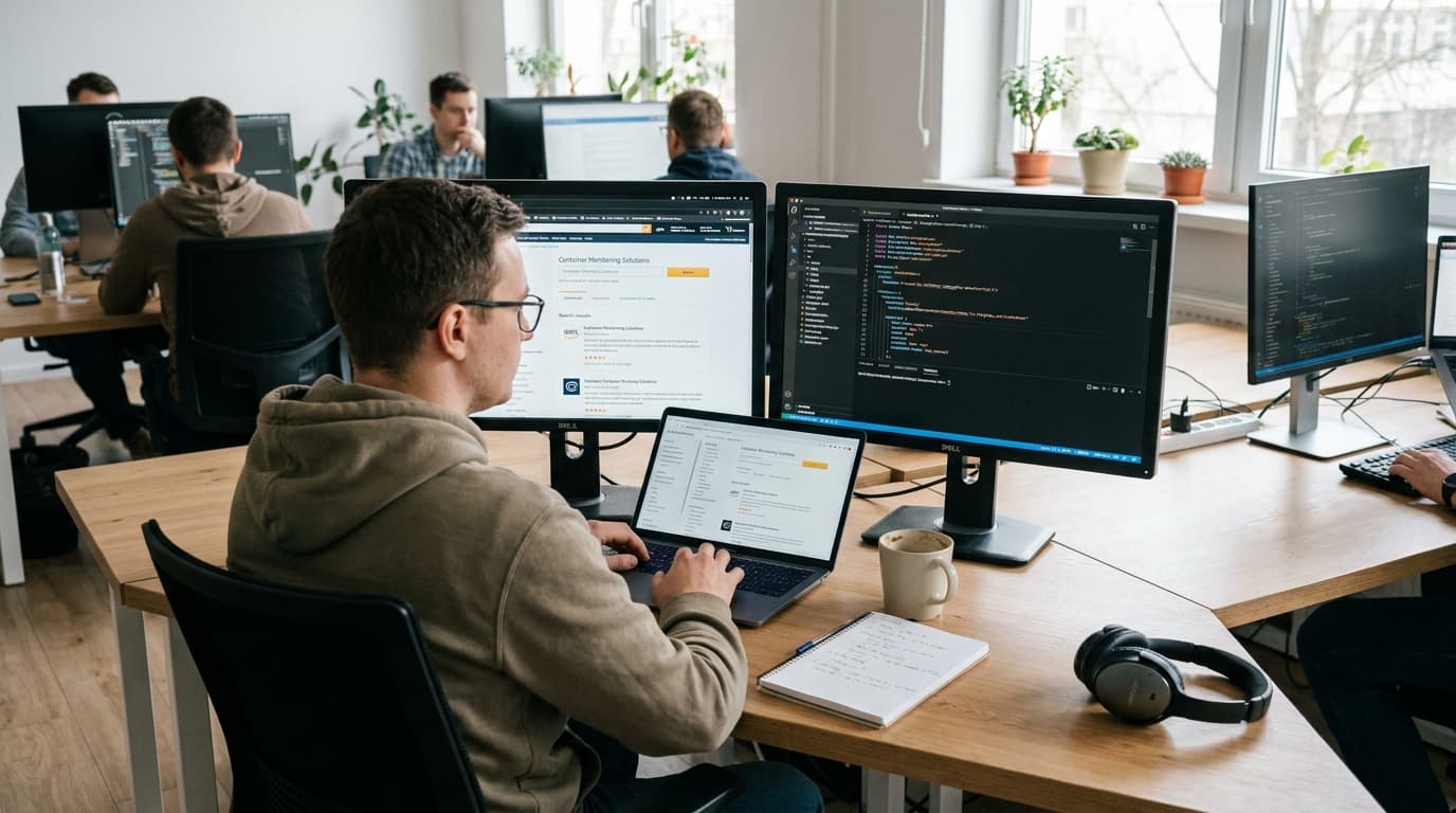 A software developer at their desk uses a laptop to deploy Redis OSS from the AWS Marketplace, with a terminal visible on a second monitor.