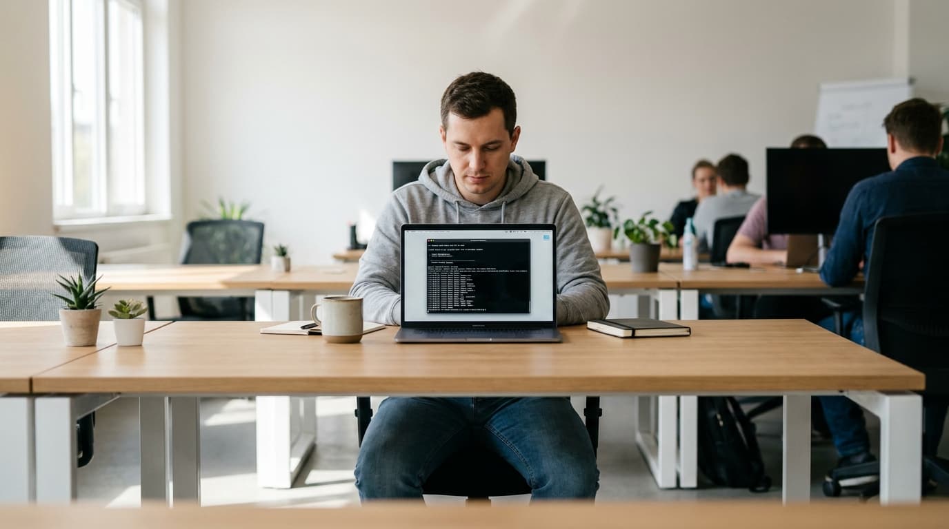 A developer using the Vercel CLI on a laptop to manage domains in a terminal window.