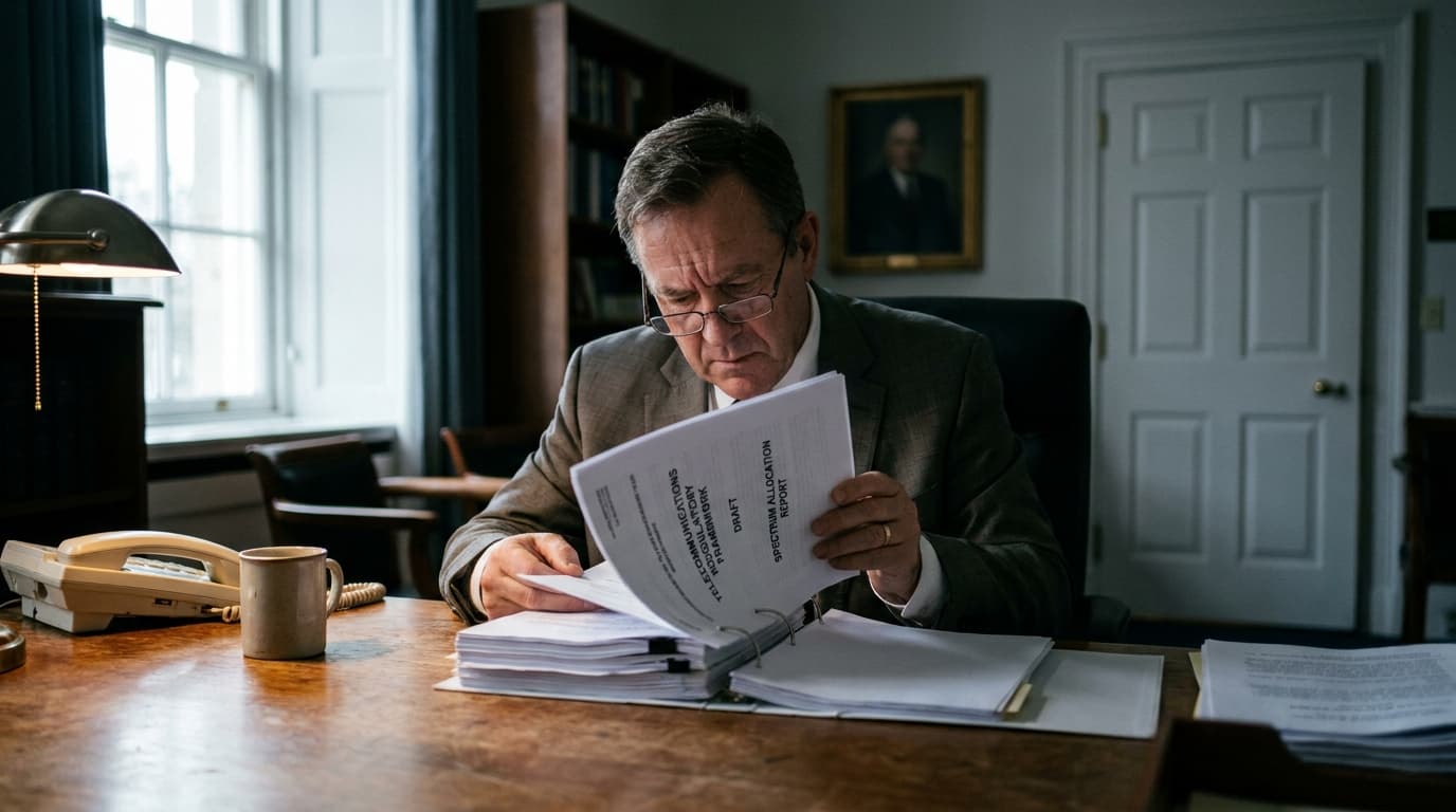 A person in a business suit reviews official-looking papers at a desk, with a government building visible through the window.