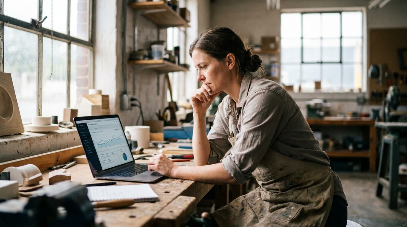 A small business owner reviews financial data on a laptop in their office.