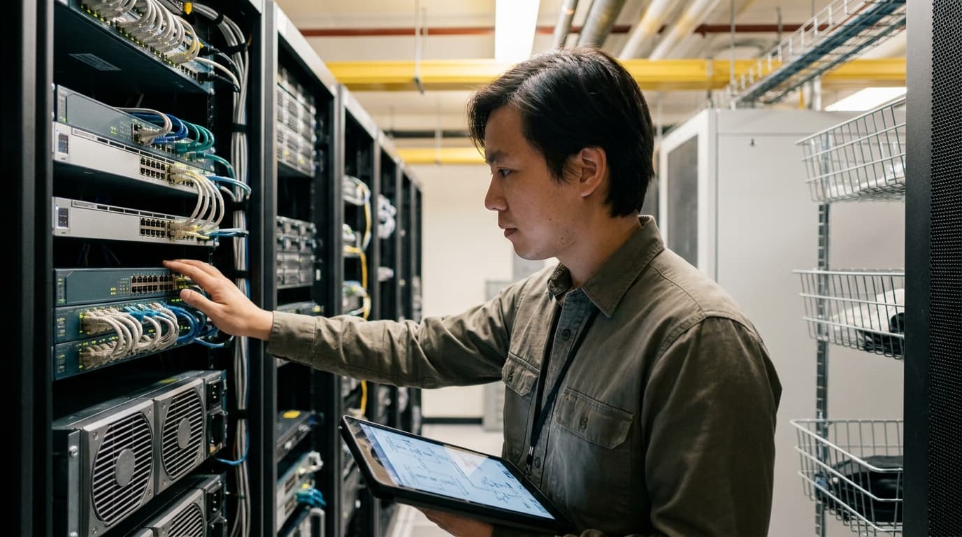 An engineer stands in a data center aisle, reviewing information on a tablet in front of a server rack.