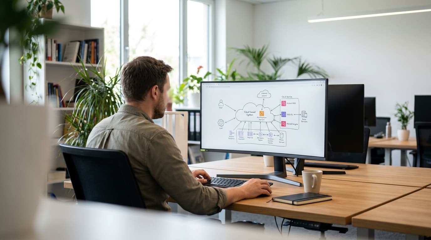 A software engineer at their desk studies a cloud architecture diagram on their computer monitor.