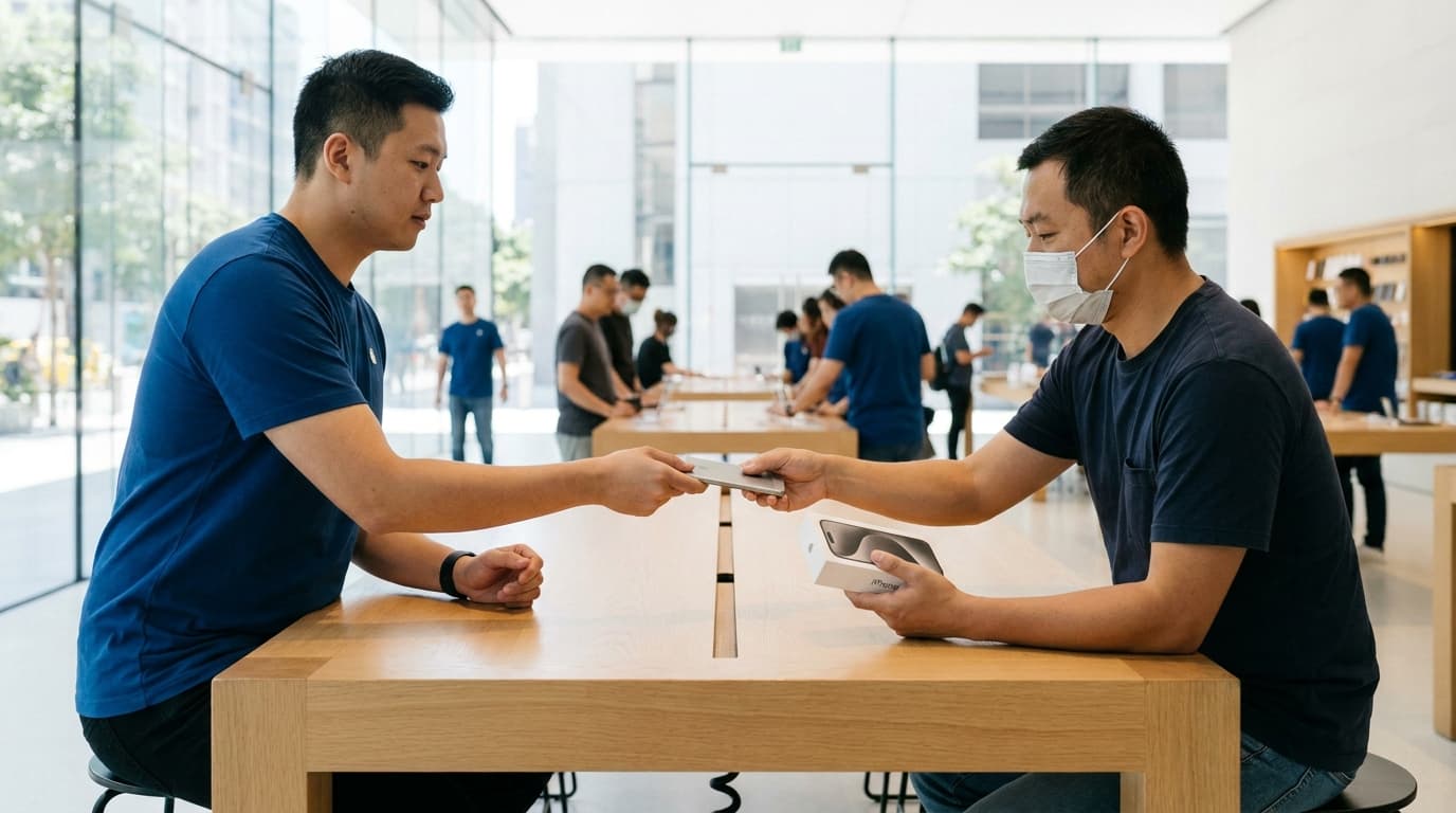 A customer at an Apple Store counter exchanges their old smartphone for a new iPhone as part of the upgrade program.
