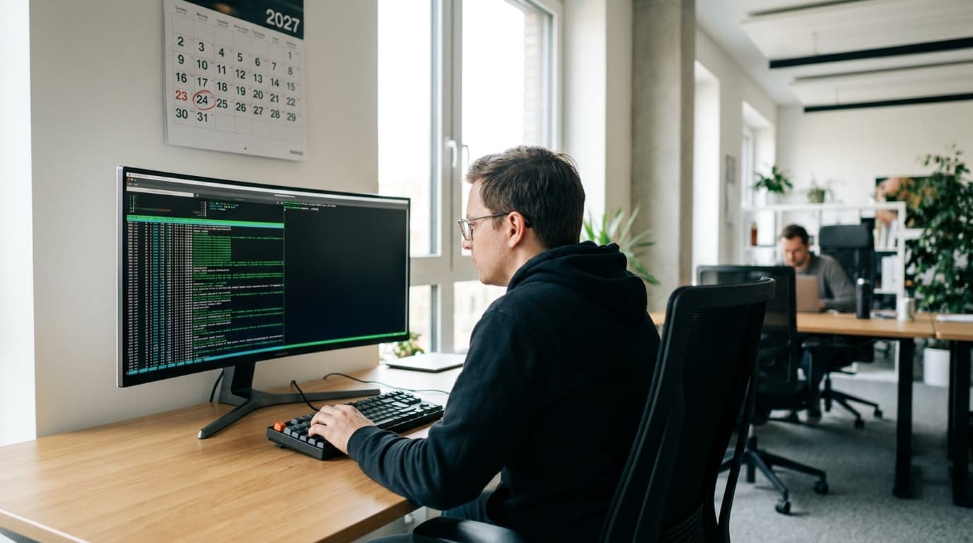An engineer reviews infrastructure code on a computer monitor in an office, with a calendar in the background.