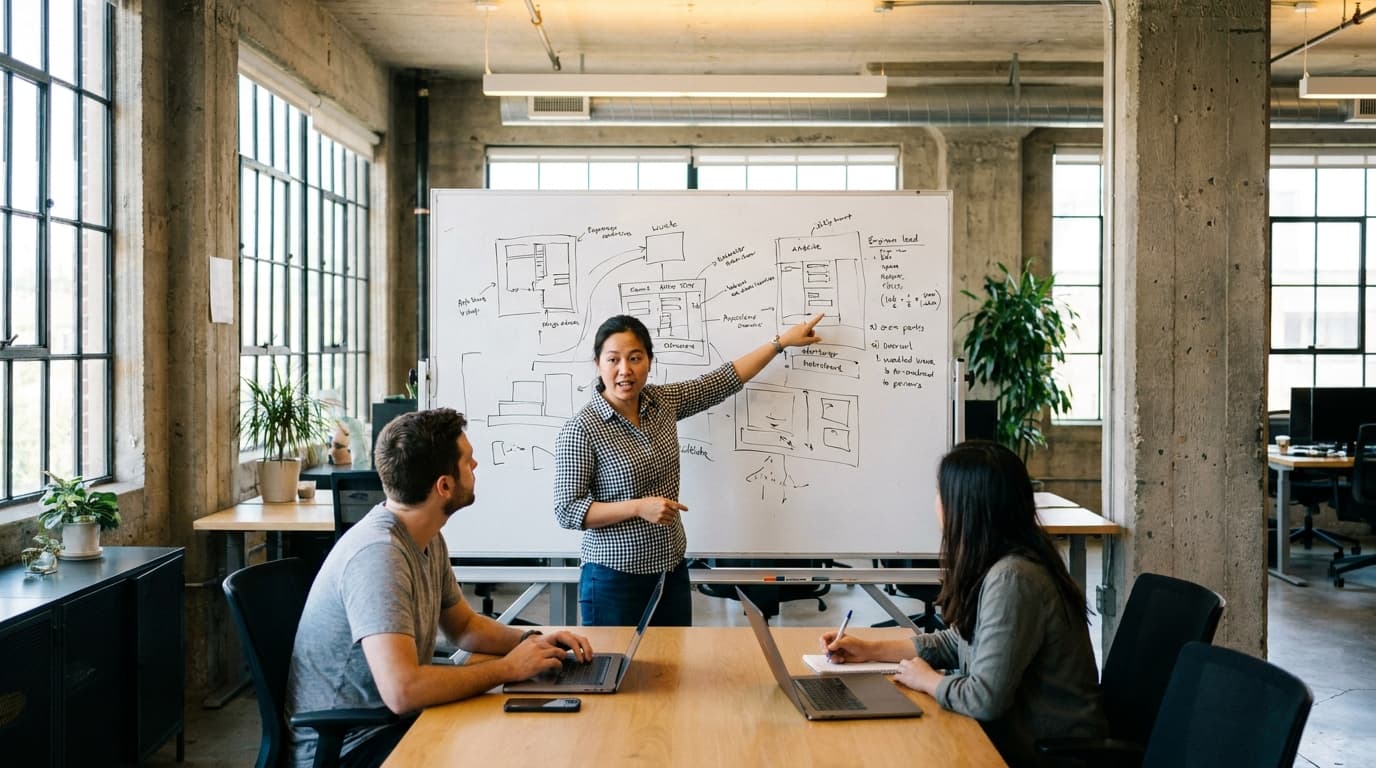 An engineering manager discusses a system architecture diagram on a whiteboard with two software developers in an office.