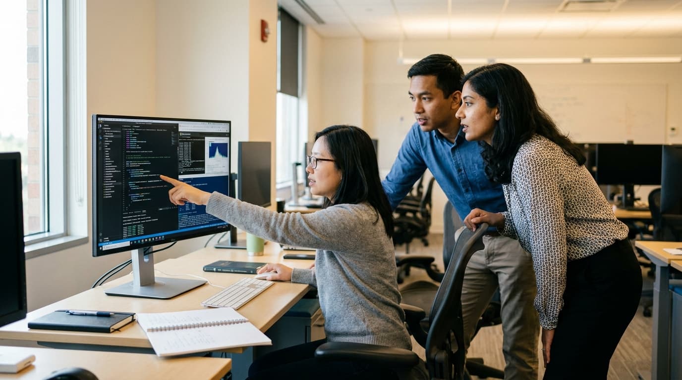 Three AI researchers collaborate in an office, analyzing code and data visualizations for an AI tutoring project on a large computer monitor.