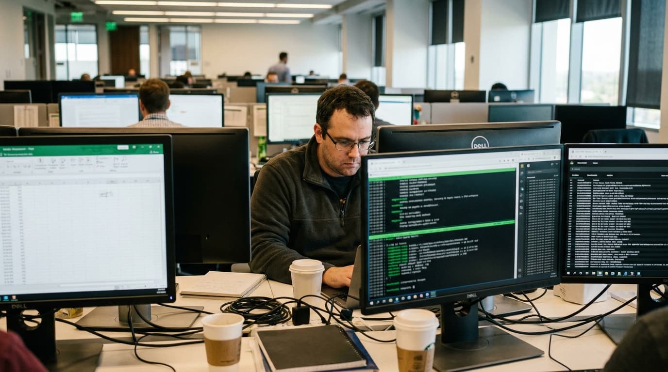 A security engineer works at a desk with multiple monitors, one showing code and the other displaying data logs.