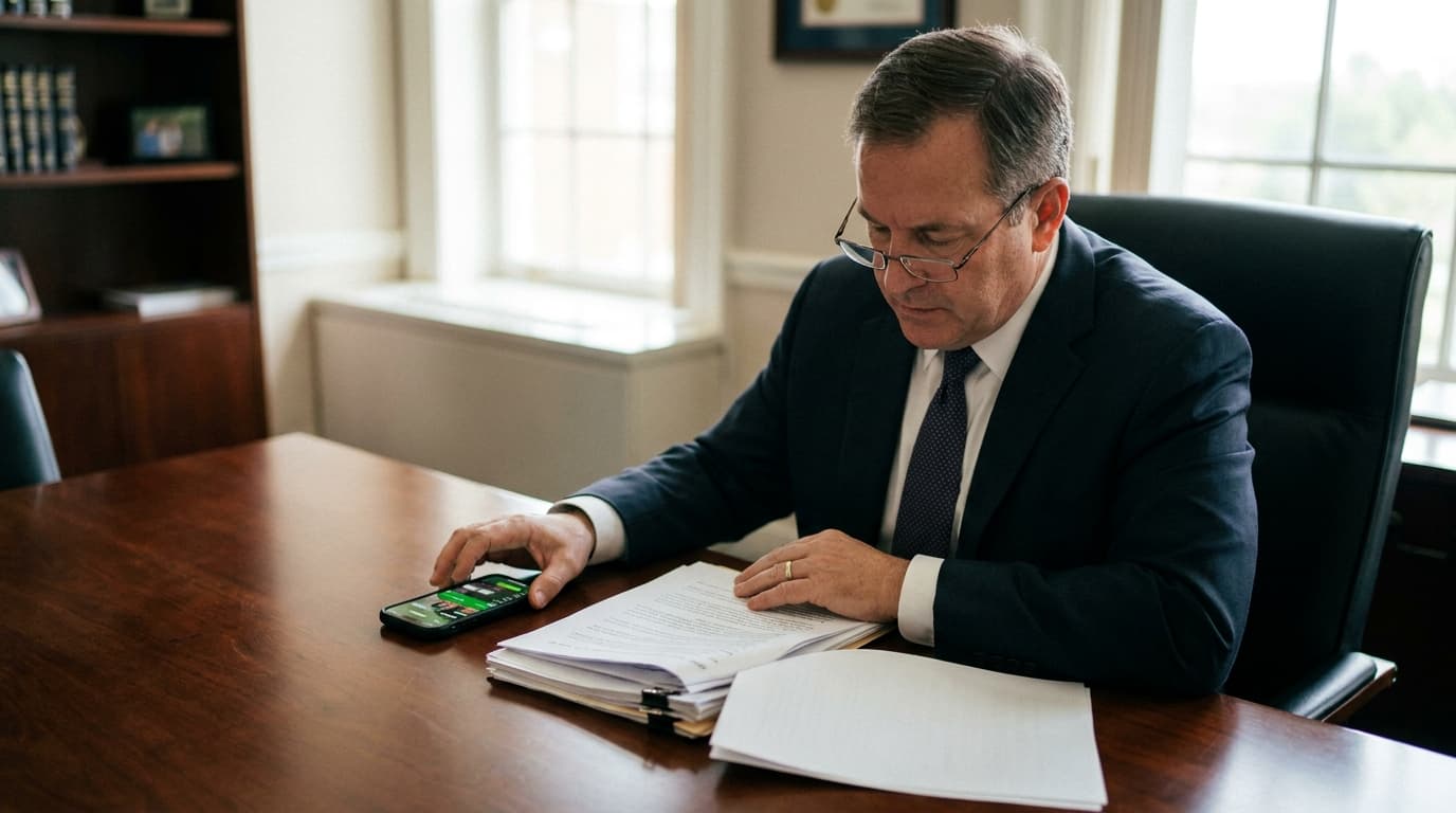 A person in business attire at a desk examines a document while a smartphone with a sports betting app sits nearby.