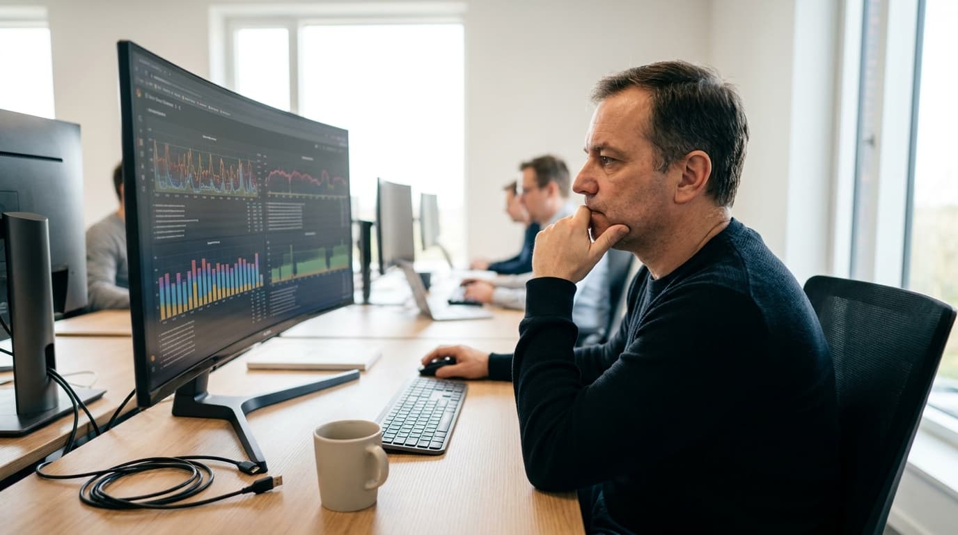 A data engineer analyzes a performance chart on a computer screen in an office setting, considering the results.