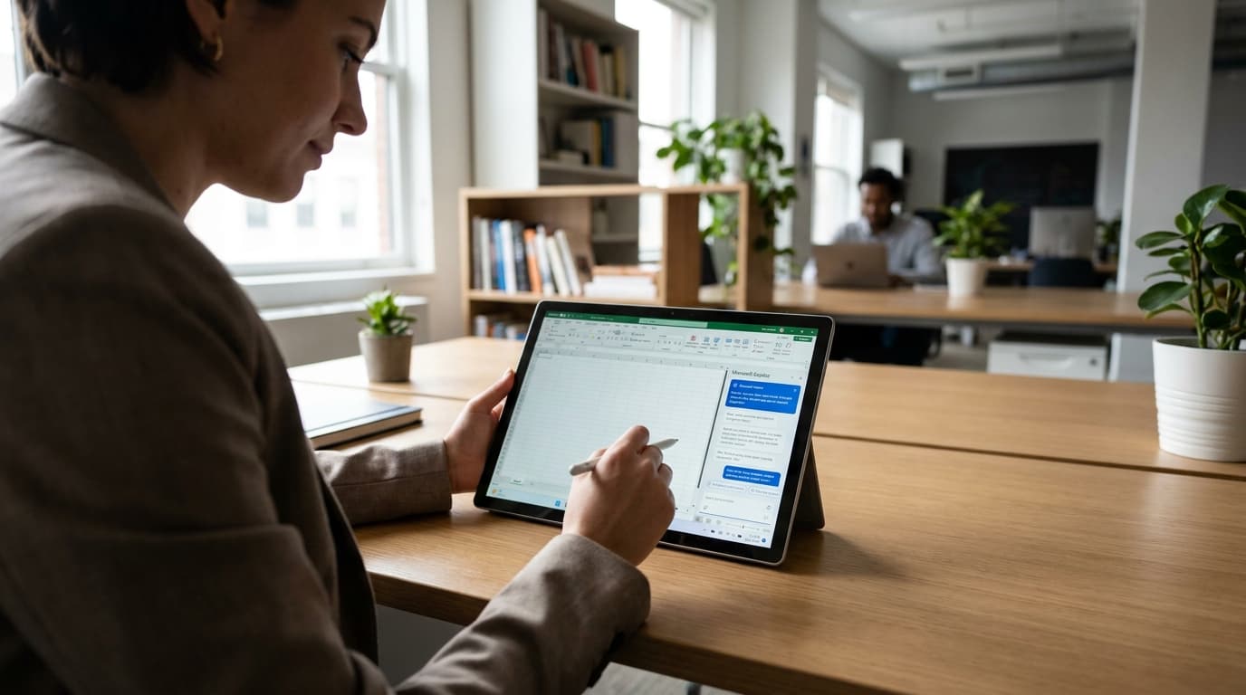 A person in an office edits a spreadsheet inside the Microsoft Copilot app on a tablet.