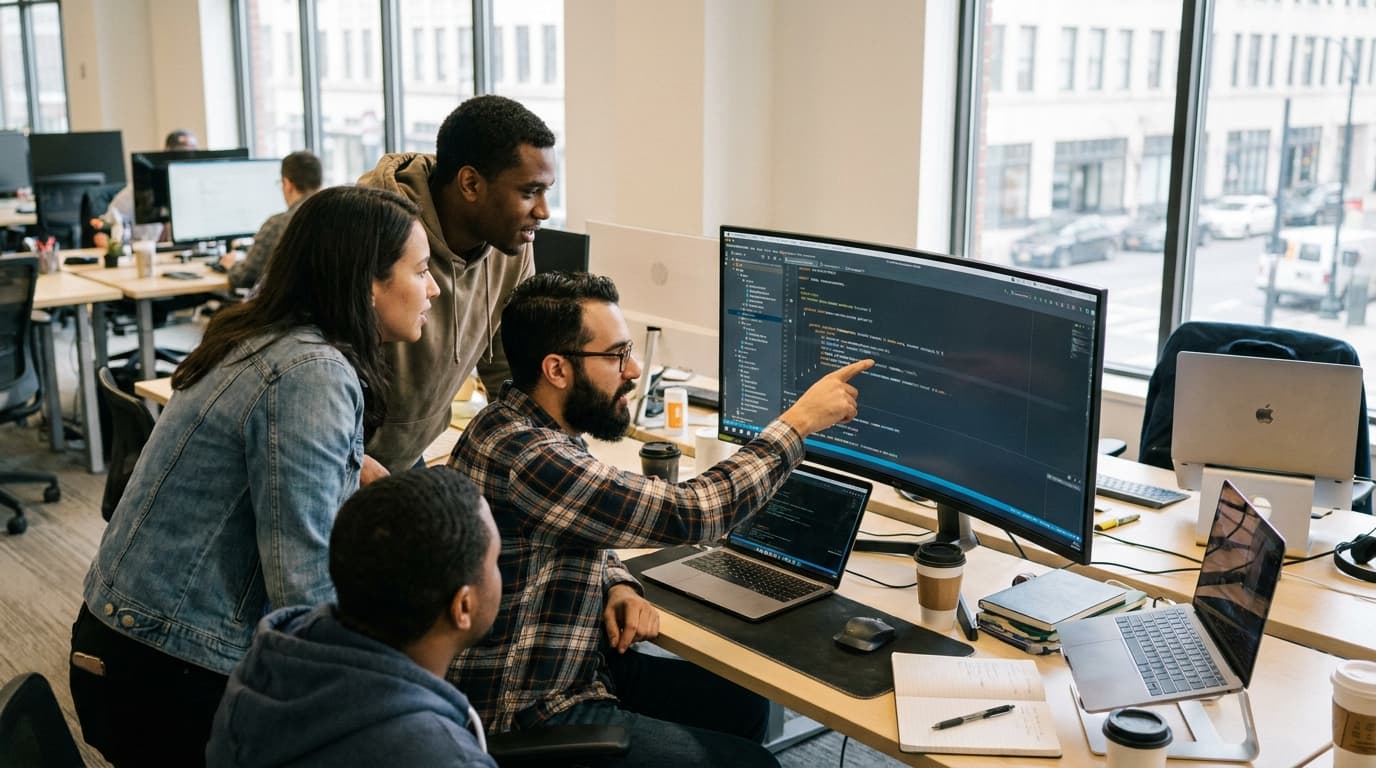 A team of software developers discusses Java code displayed on a large monitor in a collaborative office environment.