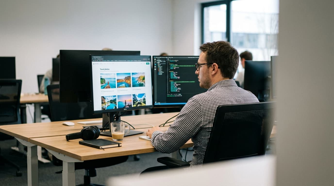 A developer working on a website, with a monitor showing the site's images and another monitor showing the underlying code.
