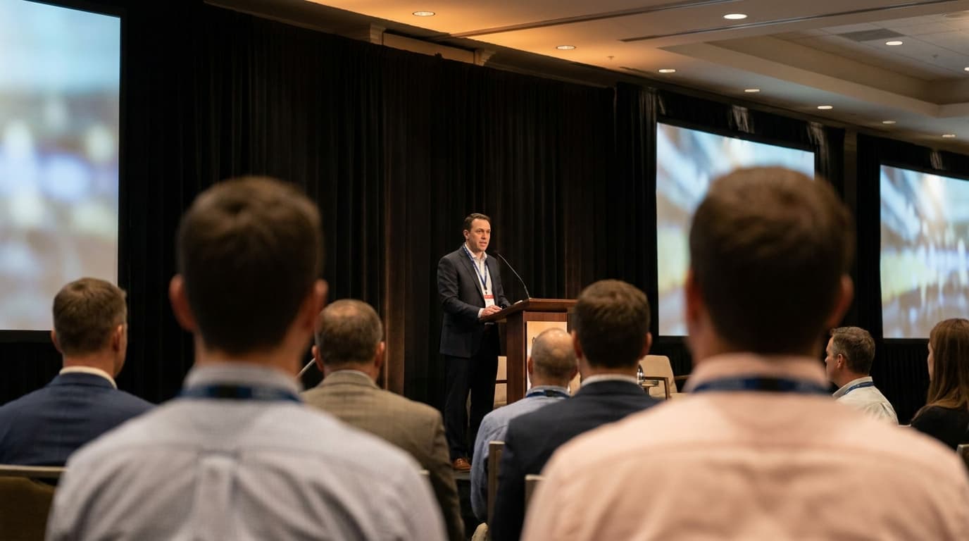 An executive giving a keynote presentation on a stage at a large technology conference for business leaders.