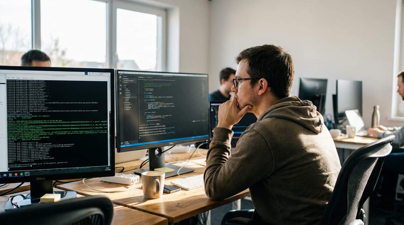 A developer reviews Rust programming language code on a computer monitor in an office setting.