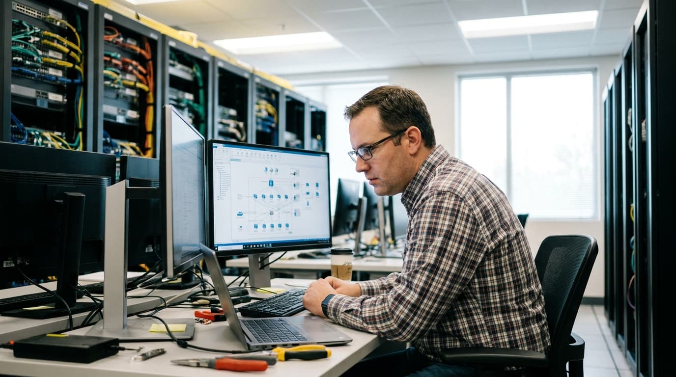 A network engineer in a data center reviews a network diagram on a computer monitor.