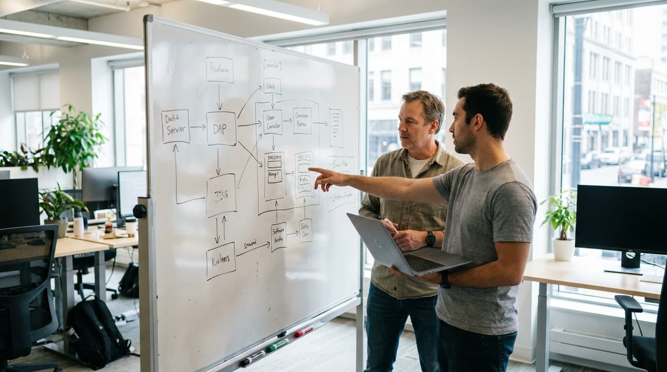 Two software engineers collaborate at a whiteboard, designing a complex user interface architecture for a new application.