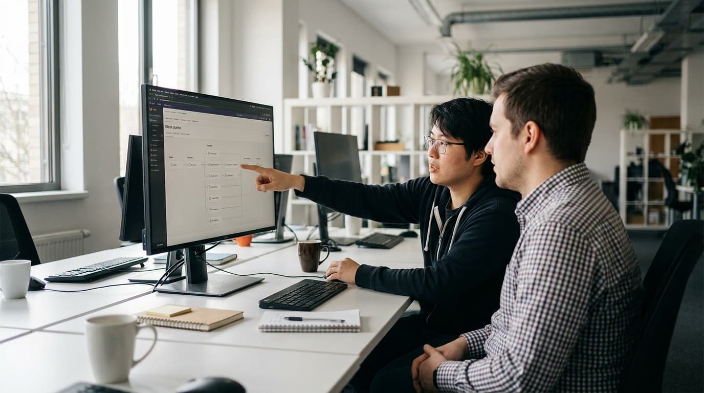 Two software developers in an office discuss an automated CI/CD pipeline shown on a computer monitor.