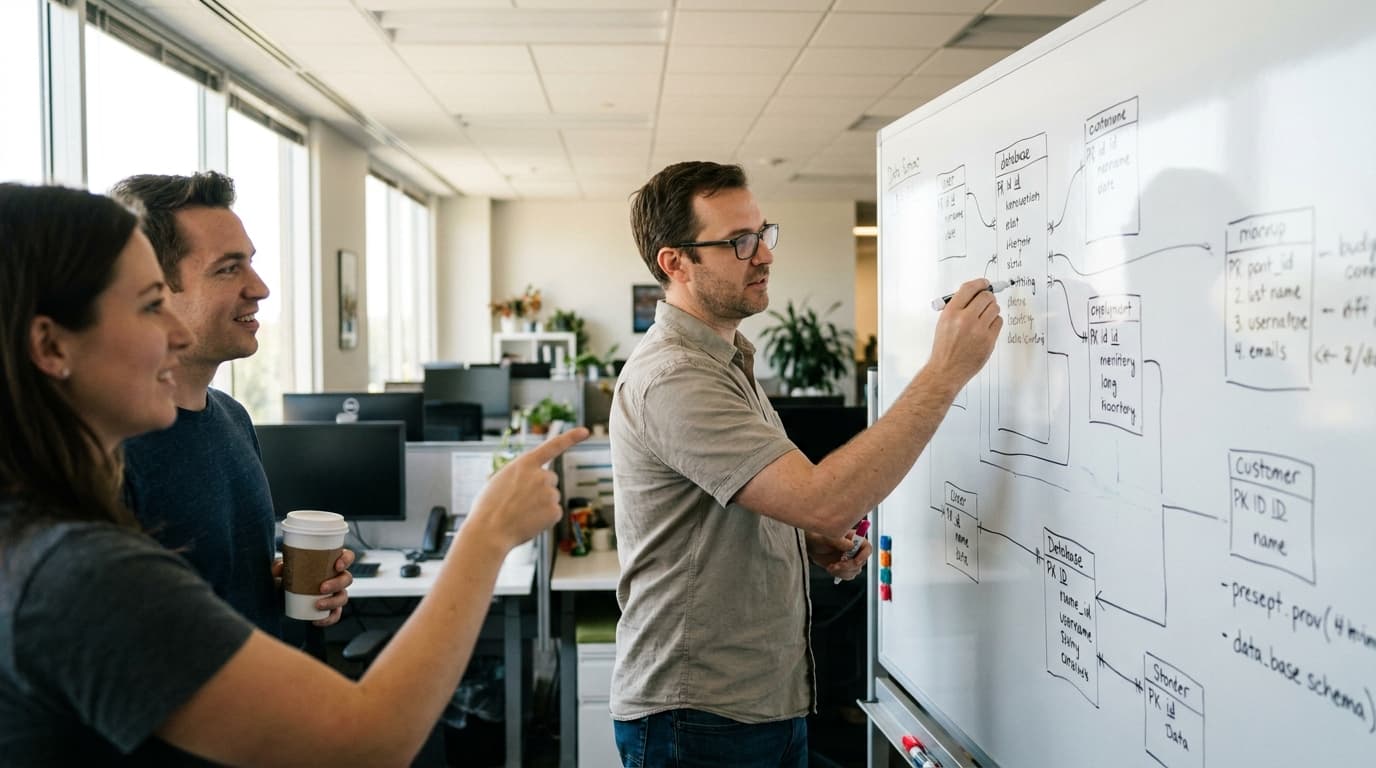 A data architect at a whiteboard explains a database diagram to two team members in an office.