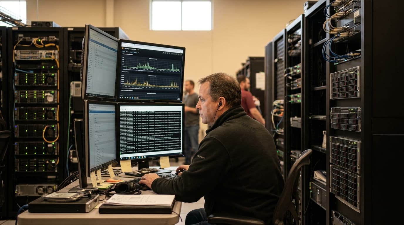 A database administrator works at a computer in a server room, looking at performance graphs for a PostgreSQL database.