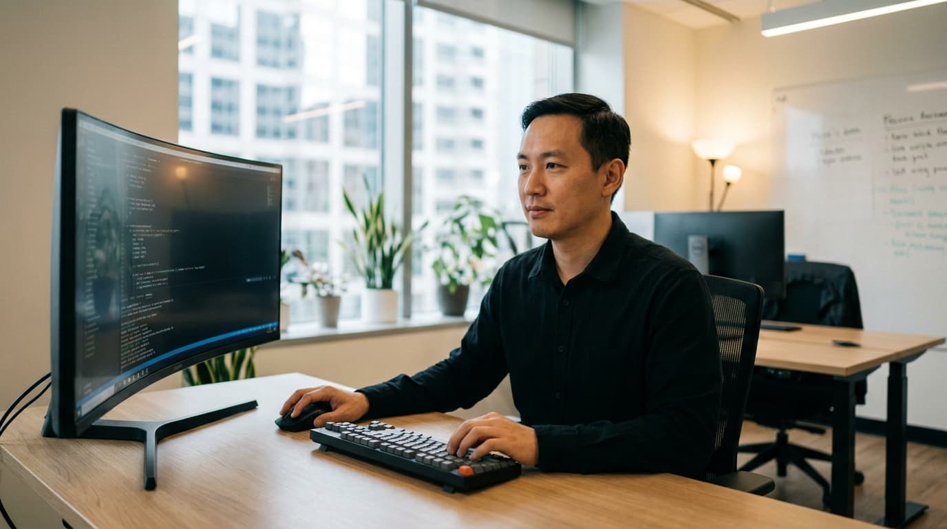 A developer in a modern office reviews infrastructure-as-code on their computer screen, focused on securing cloud credentials.