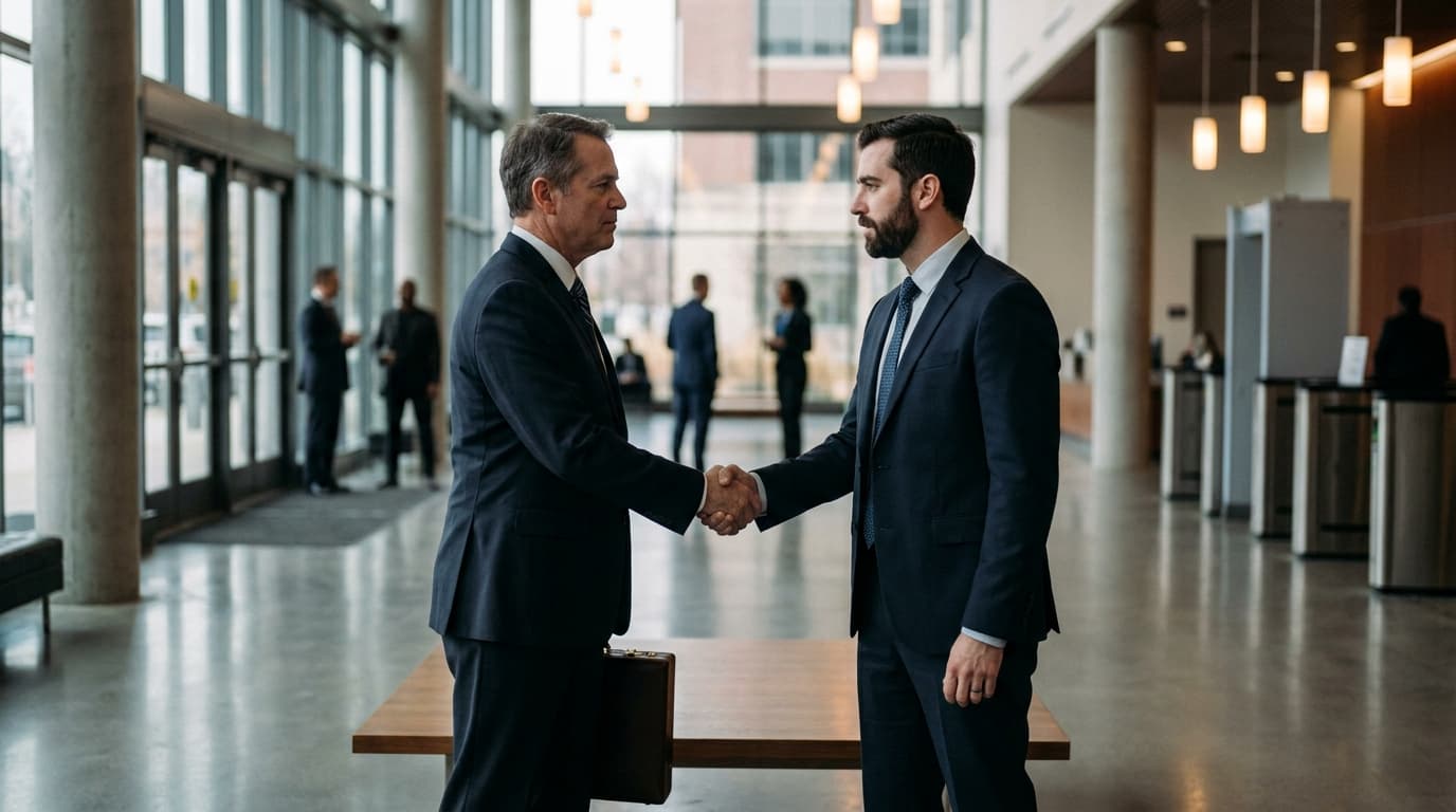 Two businessmen in suits shaking hands in a formal setting, representing the legal agreement between Arm and Qualcomm.
