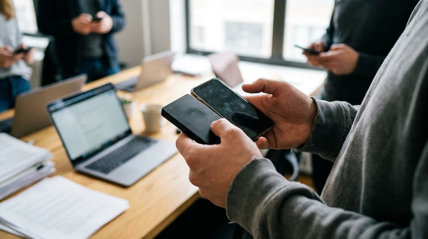 A close-up of a hand holding a small, black, credit-card-sized AI recording device next to a modern smartphone.