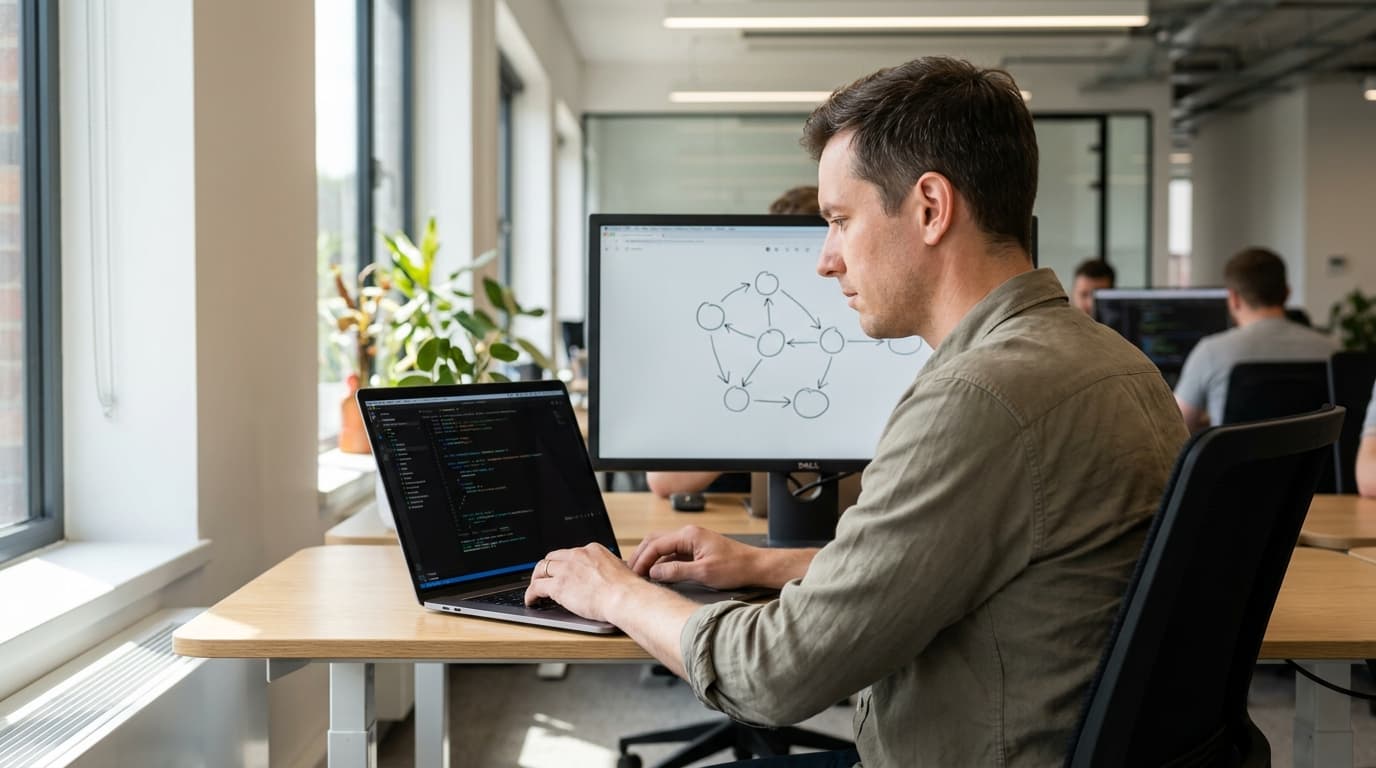 A developer works on a laptop, with a second screen showing a workflow diagram connecting different software applications.