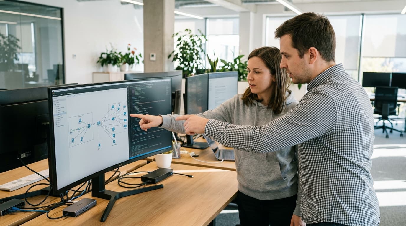 Two engineers in an office discussing system architecture diagrams displayed on a large computer monitor.