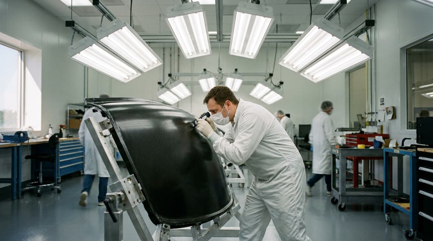 An engineer examining a large carbon composite section of a rocket inside a brightly lit manufacturing facility.