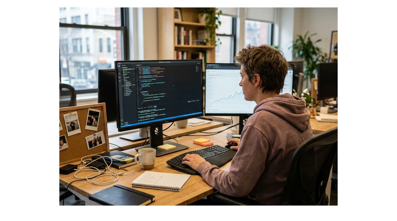 A developer reviews TypeScript code on a monitor, with a performance chart showing improvements on an adjacent screen.