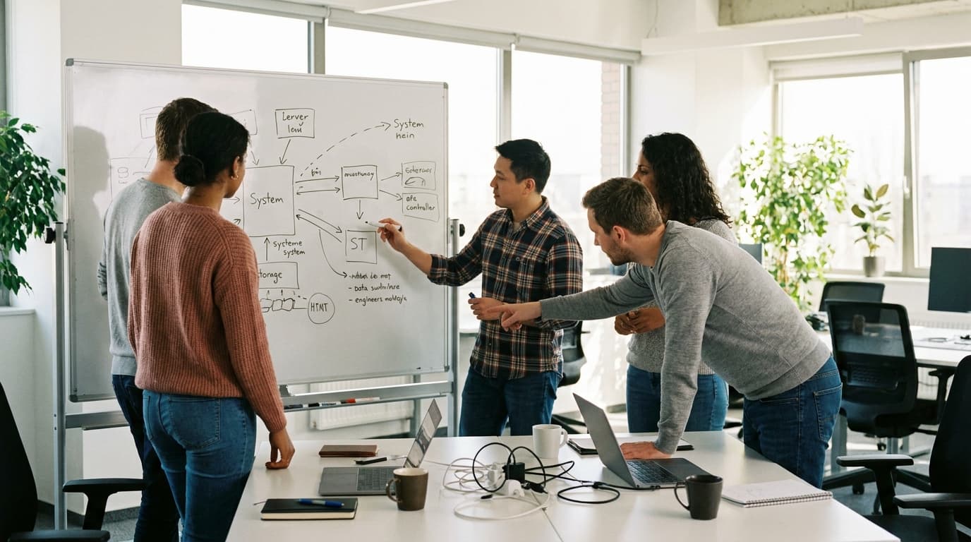 Software architects and engineers discuss system design in front of a whiteboard covered in architectural diagrams.