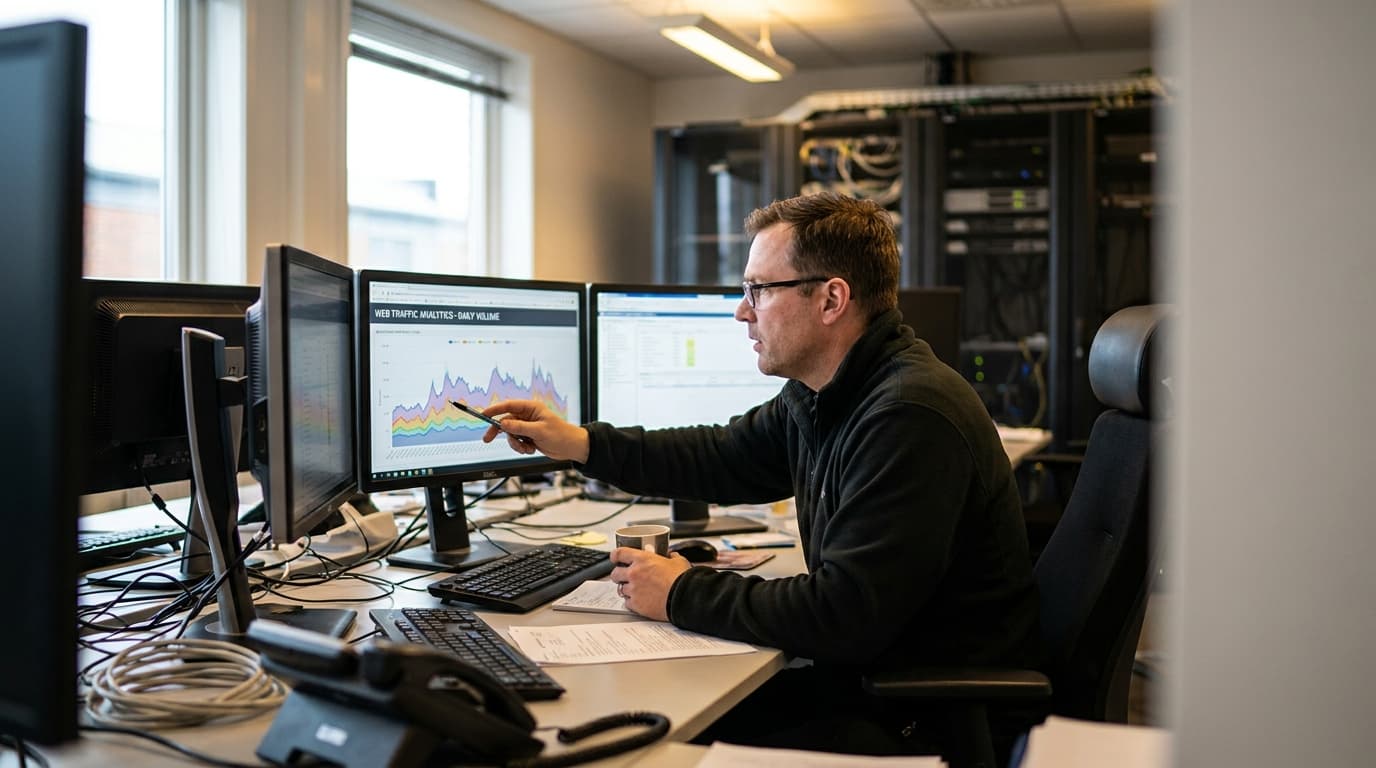 An engineer in an office analyzes web traffic data on a computer screen showing spikes and graphs.
