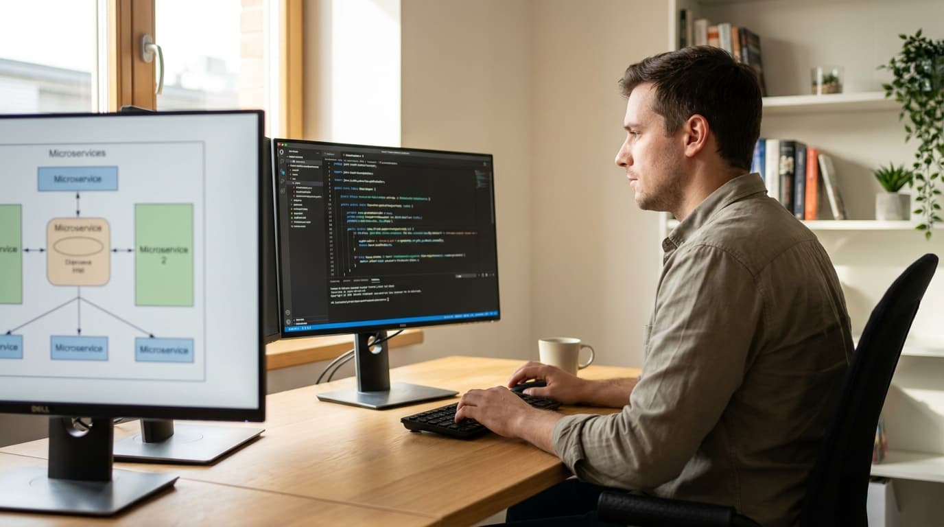A software developer working on a Java microservices project on a computer in a well-lit office environment.