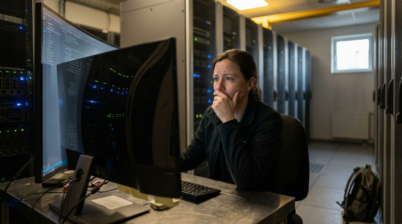 A security engineer in a data center reviews code on a computer screen, looking concerned about a potential AI security issue.