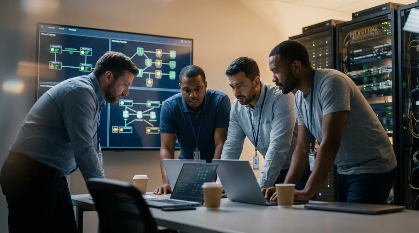 Network engineers monitor server performance and network status on large screens inside a data center operations room.