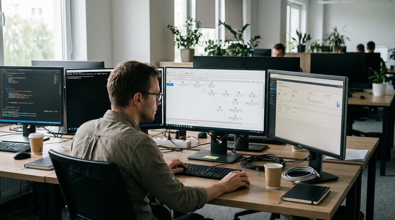 A database administrator analyzes a query plan on a computer monitor in an office setting.