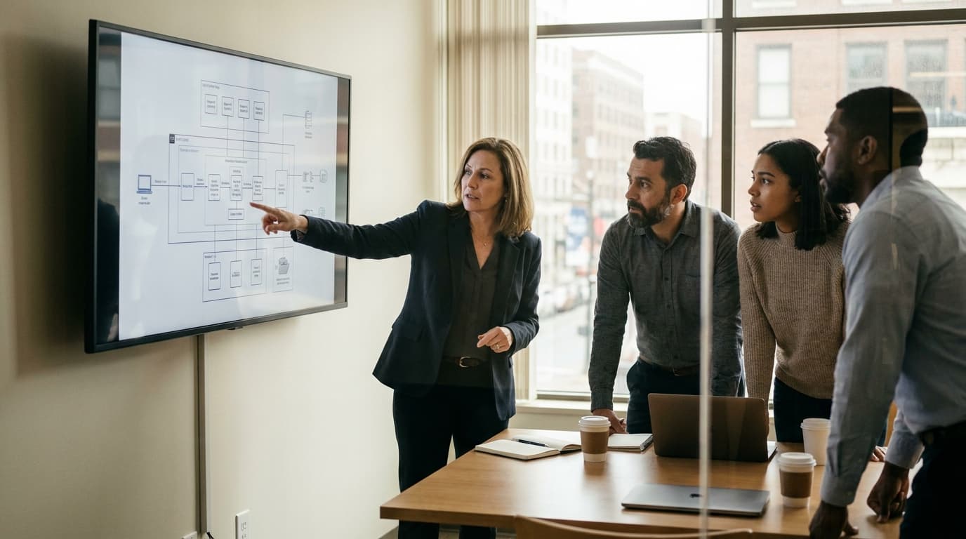 An IT security team in a conference room discusses a network diagram displayed on a large screen.