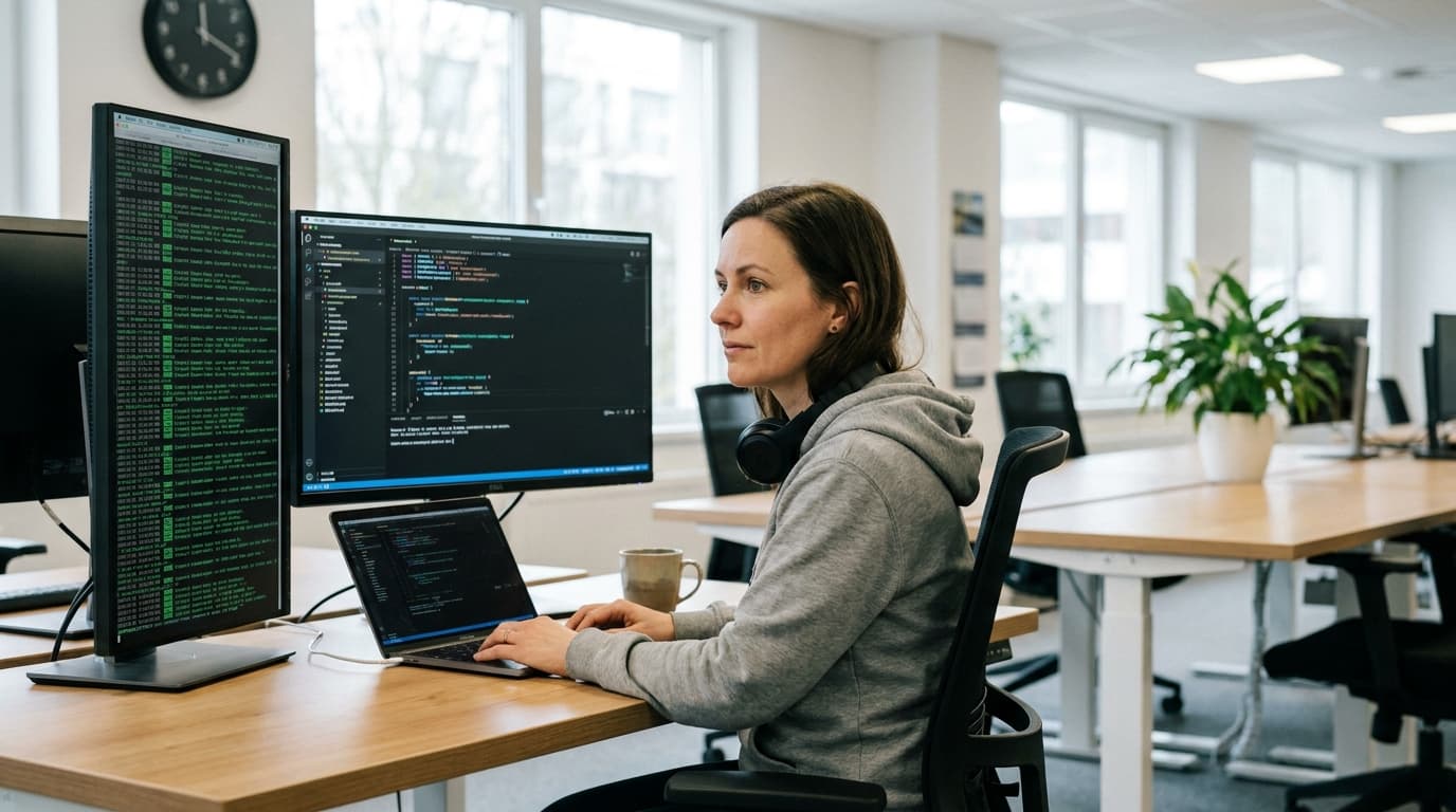 A developer reviews NestJS 12 code on a computer monitor in a well-lit office.