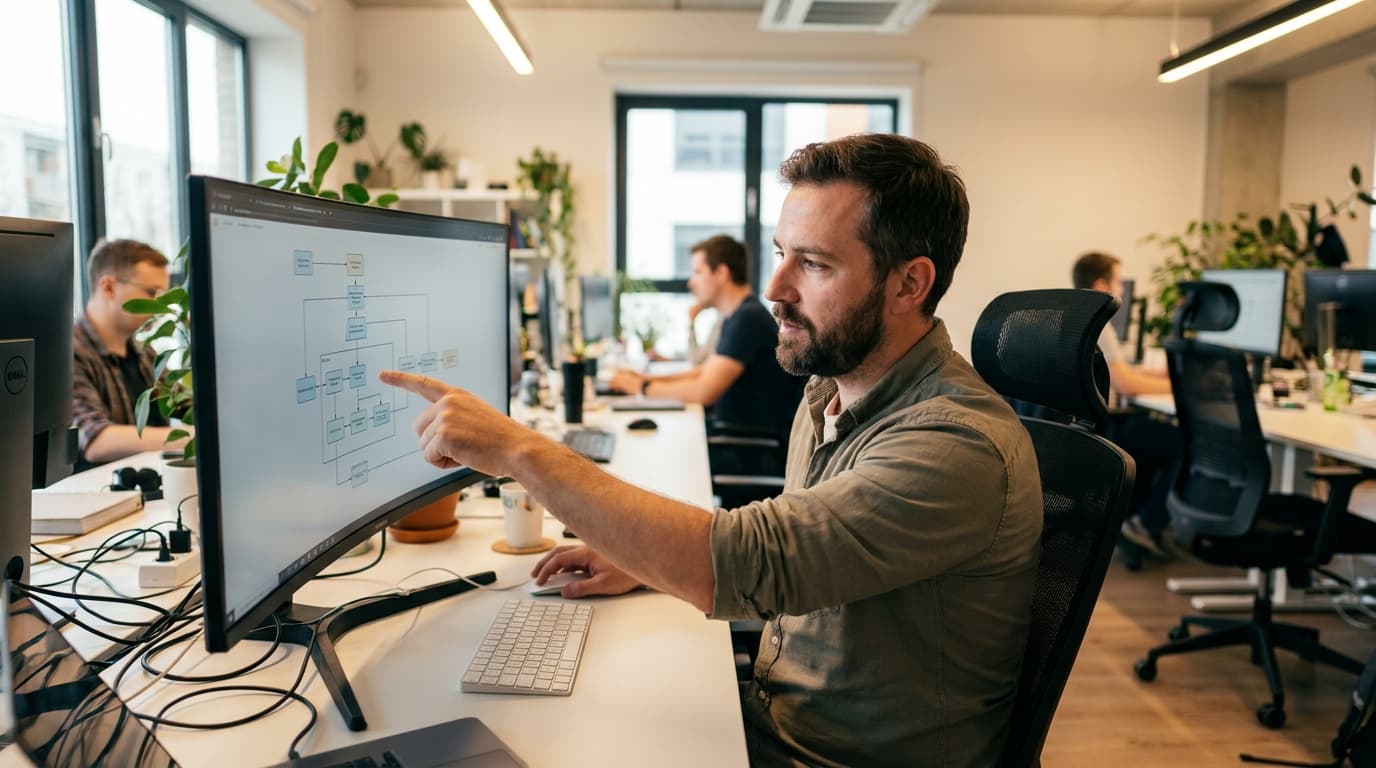 A data engineer in an office analyzing a complex data pipeline architecture displayed on a large computer monitor.
