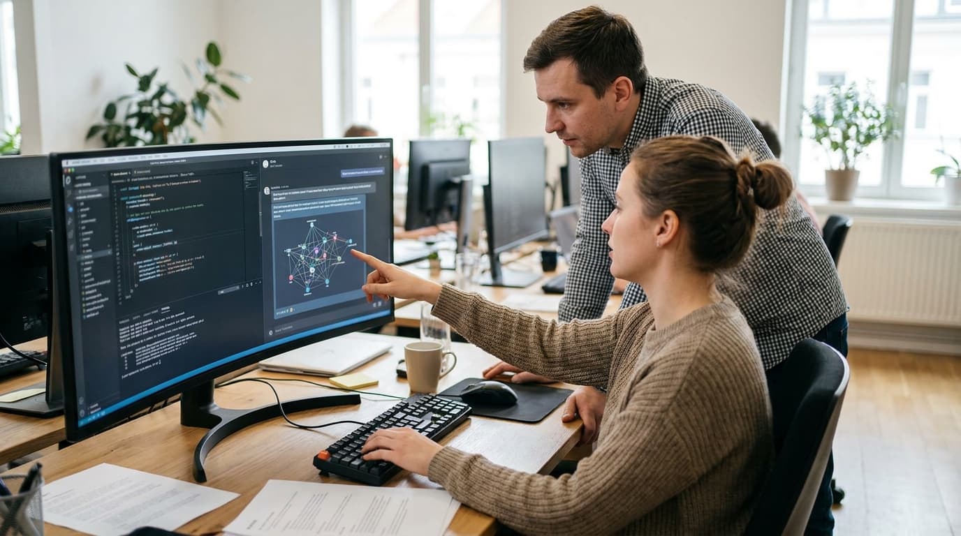 A developer and a colleague discuss an interactive chart displayed within an AI chat application on a large computer monitor in an office.