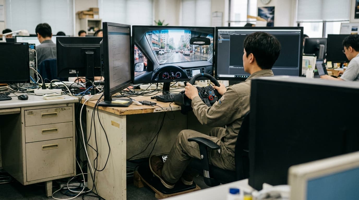 A person at a desk with multiple screens and a steering wheel remotely operating a vehicle in a city.