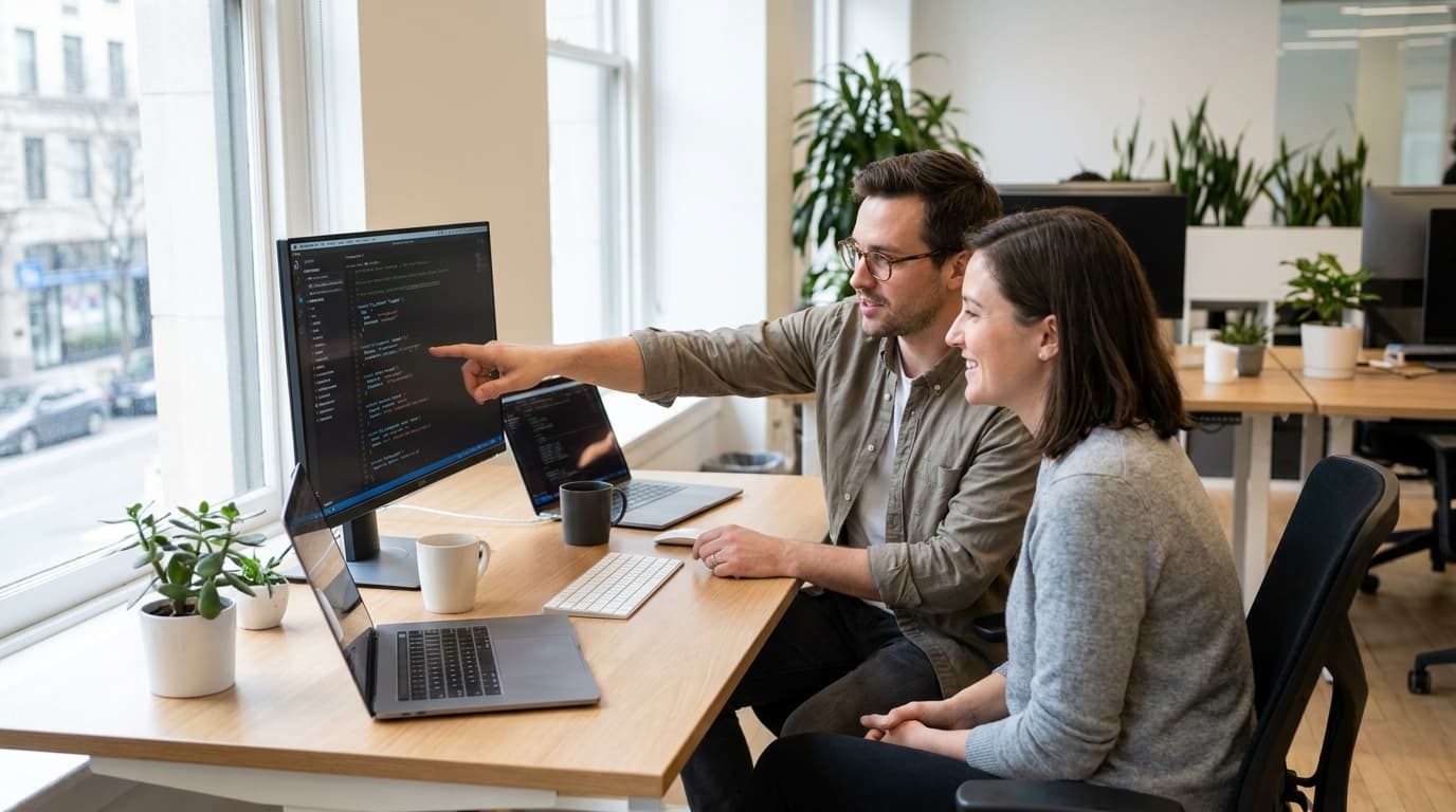 Two software engineers in an office collaborating over code on a computer screen displaying infrastructure configuration.