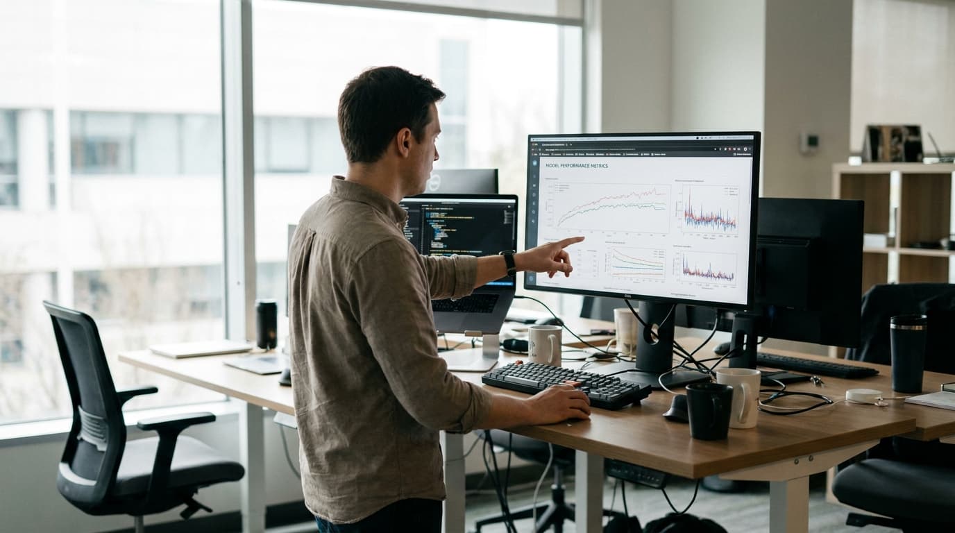 A data scientist analyzes a graph of AI model performance data on a large computer monitor in an office setting.